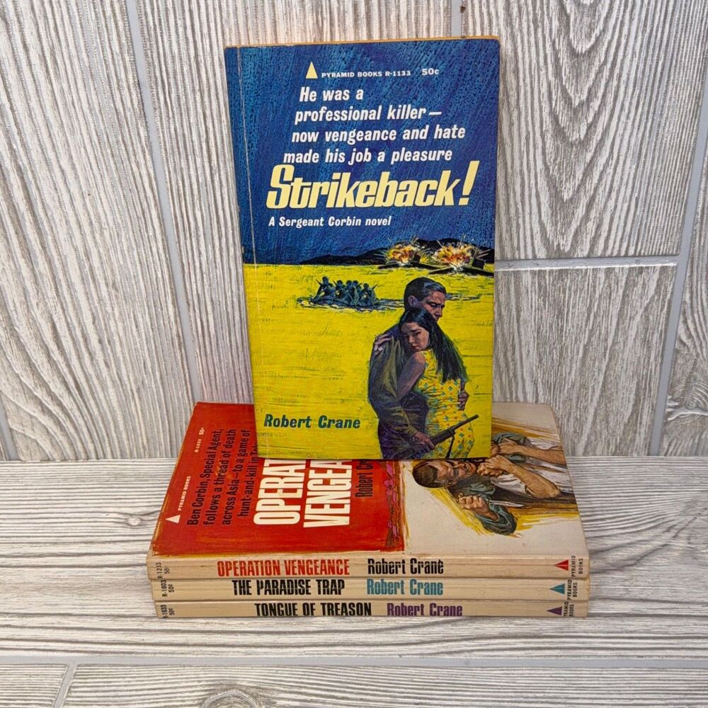 Lot of 4 Robert Crane Books, Strikeback! Paradise Trap Tongue of Treason 60s Spy